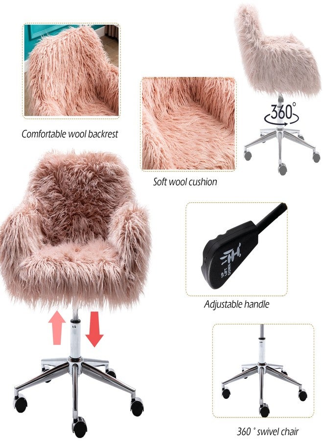 KCC Fluffy Office Desk Chair, Faux Fur Modern Swivel Armchair with Wheels, Soft Comfy Fuzzy Elegant Accent Makeup Vanity Chairs for Women Girls, Home Living Dressing Room Bedroom, Pink - Image 2